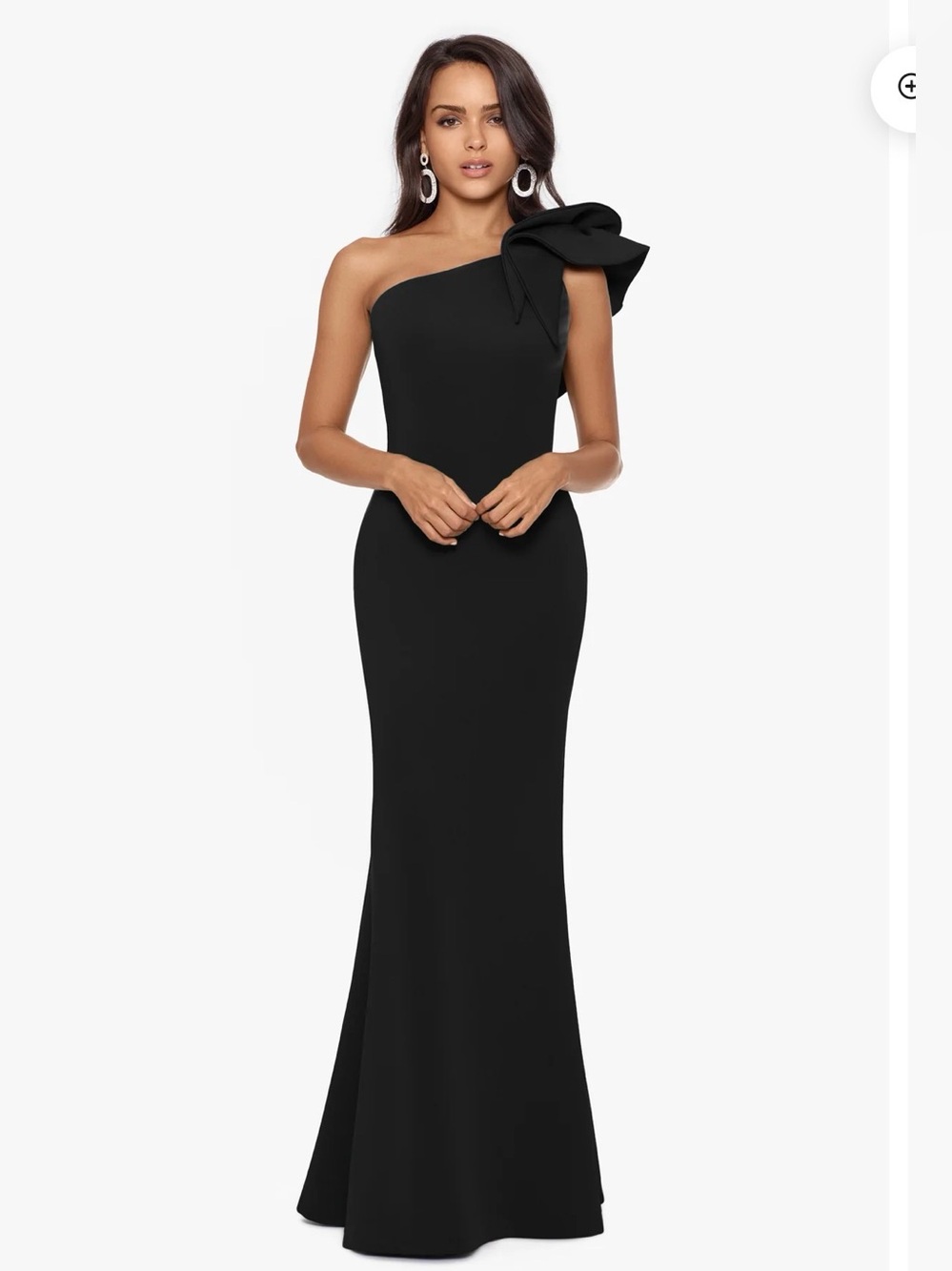 Betsy & Adam “Daisy” One-Shoulder Black Evening Gown